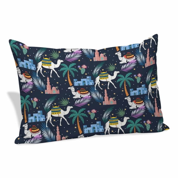Tropical Palm Trees Pillow Covers, Linen Long Throw Pillow Case, Desert Camels Houses Aloe Vera Black Holiday Pillow Protector Decorative Cushion Cover for Living Room/Bedroom 20" x 30"