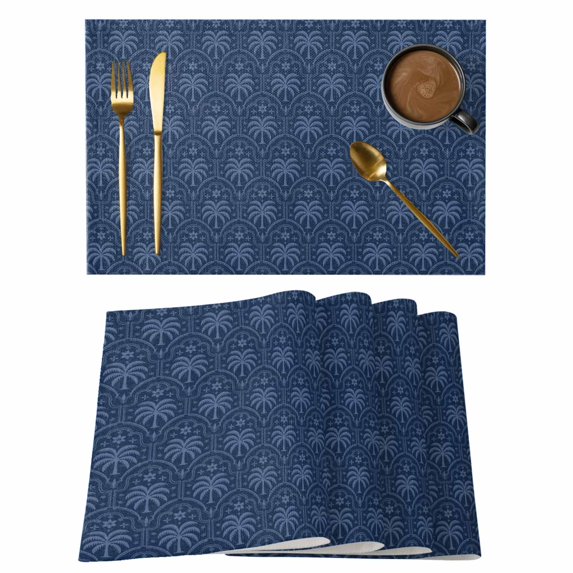 Tropical Palm Trees Placemats Set of 8, Summer Coconut Trees Plants Navy Blue Placemats for Dining Table, Place Mats for Kitchen Tabletop, Waterproof Wipeable Dining Table Mats Set