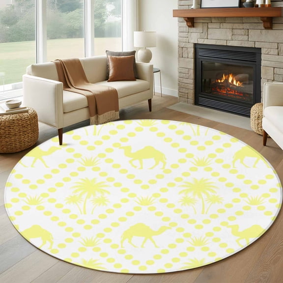Tropical Palm Trees Round Area Rug 5ft, Desert Camels Aloe Vera Polka Dot Yellow Washable Non-Slip Circle Rugs for Bedroom Living Room Kitchen, Soft Low Pile Carpet for Dining Room Playroom Nursery