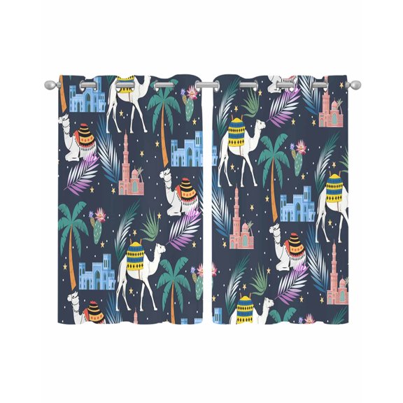 Tropical Palm Trees Sheer Curtains 39 Inch Length 2 Panels Set for Living Room/Bedroom, Desert Camels Houses Aloe Vera Black Kitchen Curtains Grommet Semi-Sheer Curtains Window Treatments 27.5"x39"x2