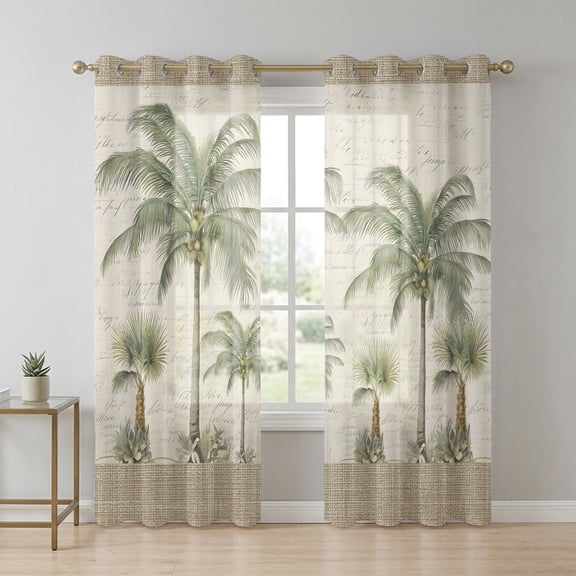 Tropical Palm Trees Sheer Curtains 84 Inch Long 2 Panels, Coastal Plant Summer Nature Linen Light Filtering Semi Sheer Drapes Grommet Voile Window Curtain for Living Bedroom W42 x L84