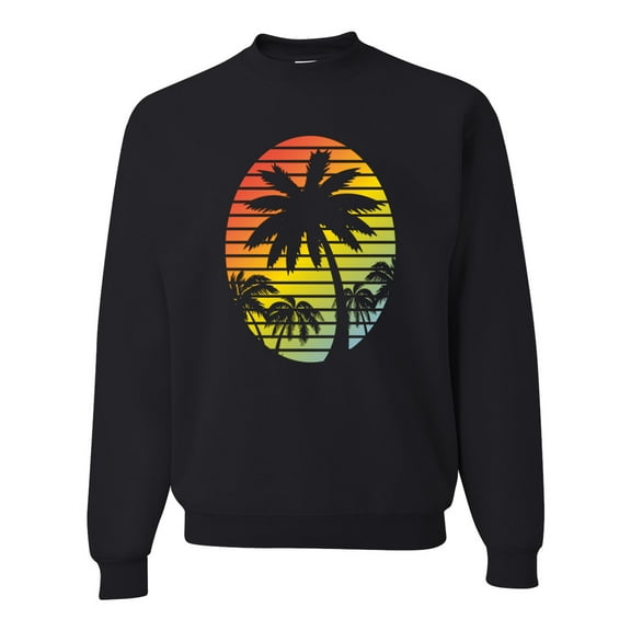 Tropical Palm Trees Silhouettes with Sunset | Mens Pop Culture Crewneck Graphic Sweatshirt, Black, 2XL