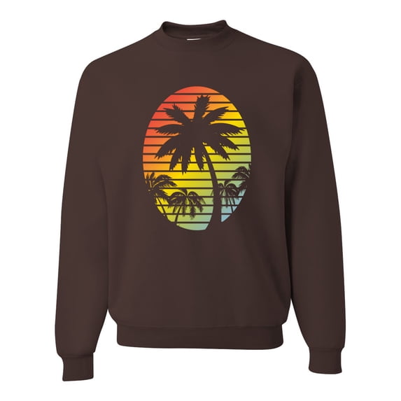 Tropical Palm Trees Silhouettes with Sunset | Mens Pop Culture Crewneck Graphic Sweatshirt, Brown, Medium