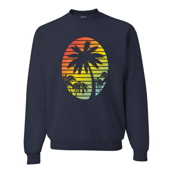 Tropical Palm Trees Silhouettes with Sunset | Mens Pop Culture Crewneck Graphic Sweatshirt, Navy, 2XL