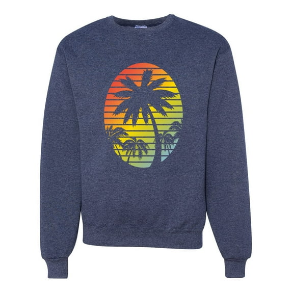 Tropical Palm Trees Silhouettes with Sunset | Mens Pop Culture Crewneck Graphic Sweatshirt, Vintage Heather Navy, Large