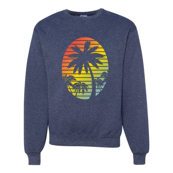 Tropical Palm Trees Silhouettes with Sunset | Mens Pop Culture Crewneck Graphic Sweatshirt, Vintage Heather Navy, Small