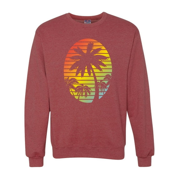 Tropical Palm Trees Silhouettes with Sunset | Mens Pop Culture Crewneck Graphic Sweatshirt, Vintage Heather Red, Small