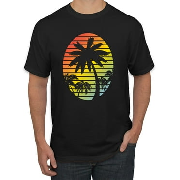 Tropical Palm Trees Silhouettes with Sunset | Mens Pop Culture Graphic T-Shirt, Black, Small