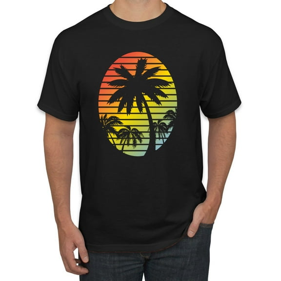 Tropical Palm Trees Silhouettes with Sunset | Mens Pop Culture Graphic T-Shirt, Black, Small