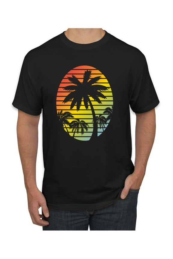 Tropical Palm Trees Silhouettes with Sunset | Mens Pop Culture Graphic T-Shirt, Black, Small