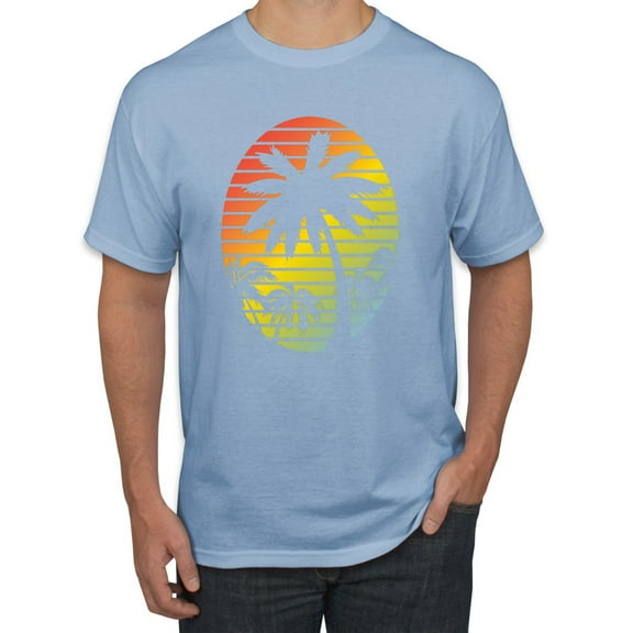 Tropical Palm Trees Silhouettes with Sunset | Mens Pop Culture Graphic T-Shirt, Light Blue, Large