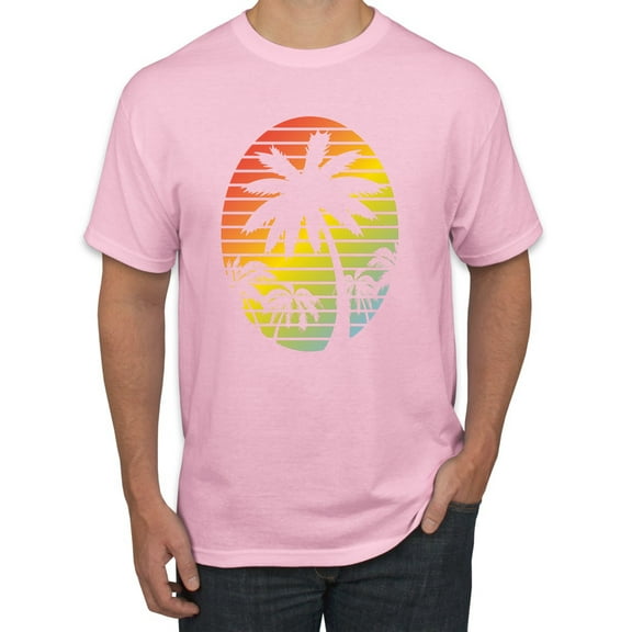 Tropical Palm Trees Silhouettes with Sunset | Mens Pop Culture Graphic T-Shirt, Light Pink, Small