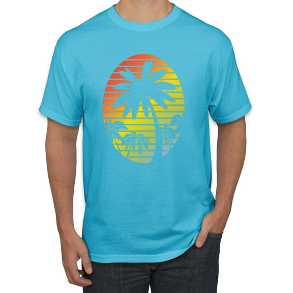 Tropical Palm Trees Silhouettes with Sunset | Mens Pop Culture Graphic T-Shirt, Light Turquoise, Small