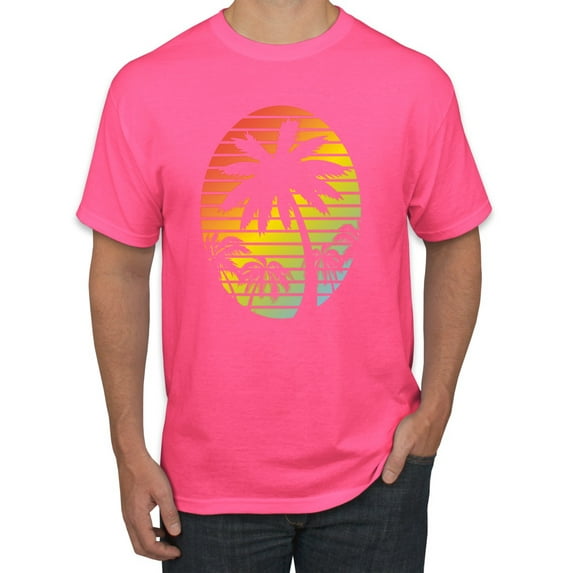 Tropical Palm Trees Silhouettes with Sunset | Mens Pop Culture Graphic T-Shirt, Neon Pink, X-Large