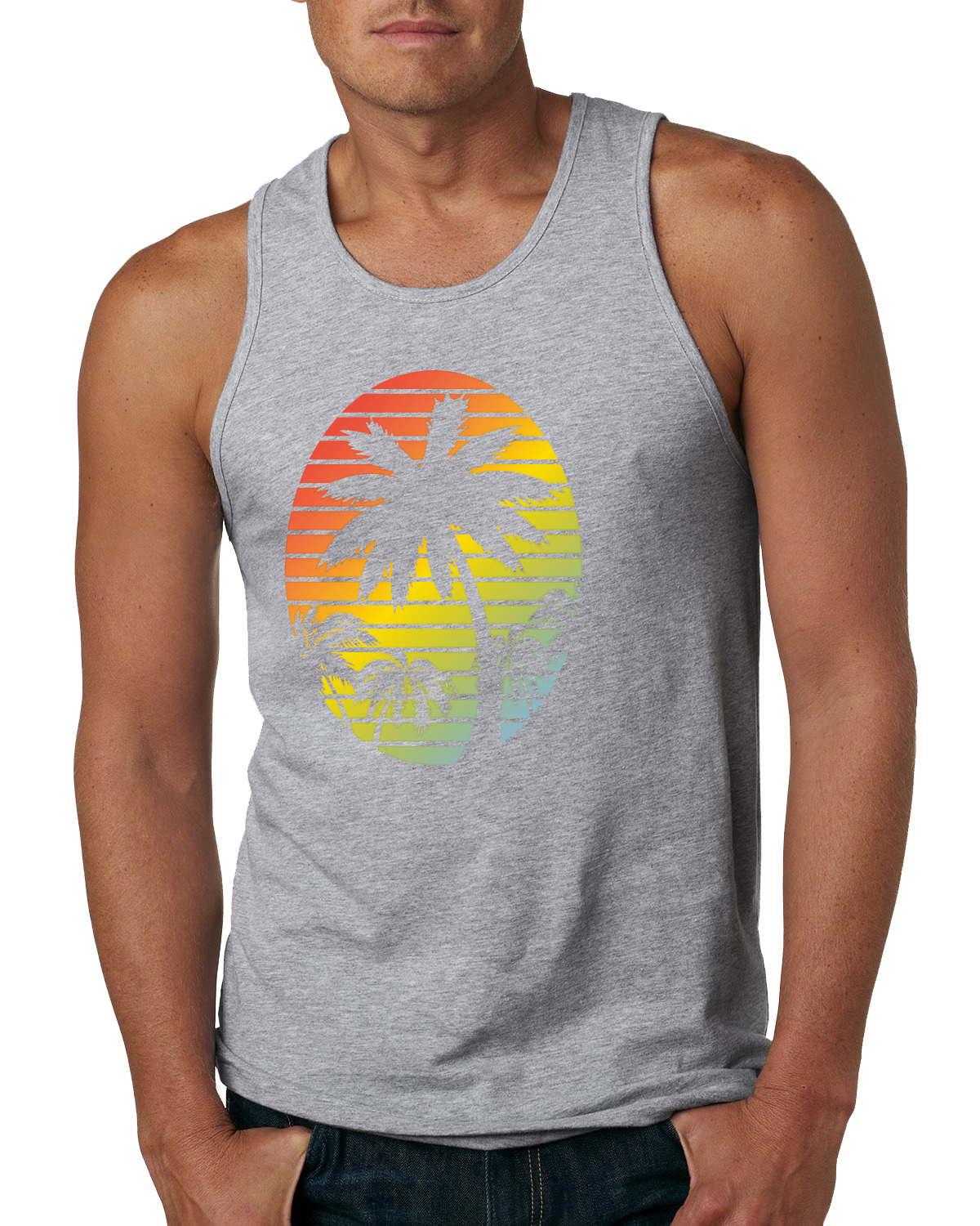 Tropical Palm Trees Silhouettes with Sunset | Mens Pop Culture Graphic Tank Top, Heather Grey, X-Large - image 1 of 4
