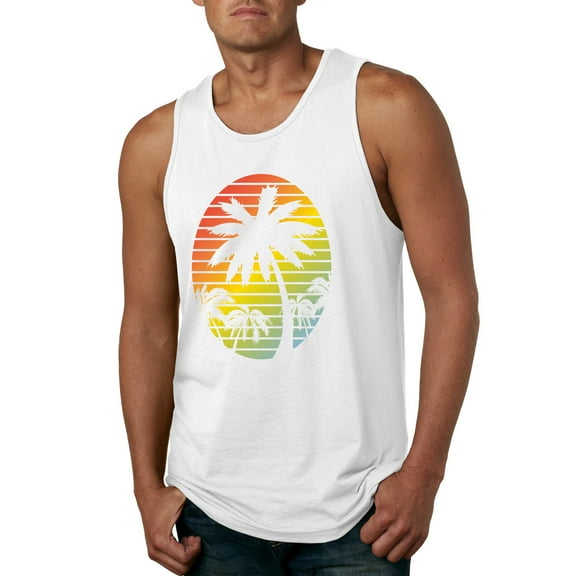 Tropical Palm Trees Silhouettes with Sunset | Mens Pop Culture Graphic Tank Top, White, X-Large