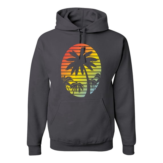 Tropical Palm Trees Silhouettes with Sunset | Mens Pop Culture Hooded Sweatshirt Graphic Hoodie, Charcoal, X-Large