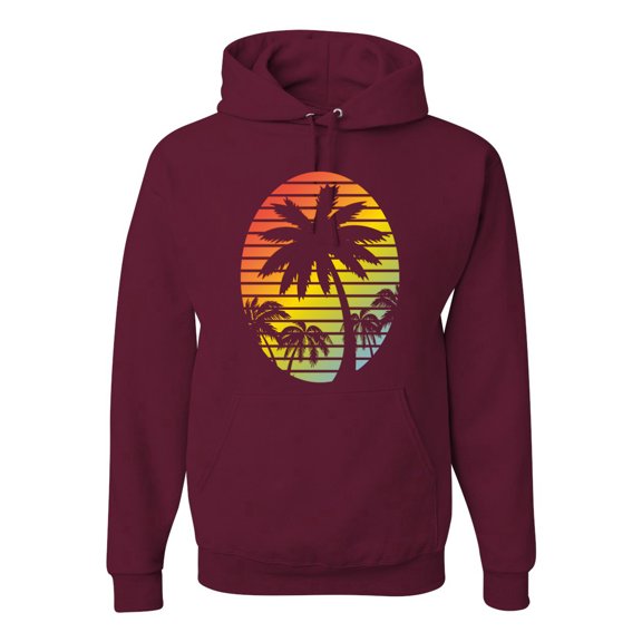 Tropical Palm Trees Silhouettes with Sunset | Mens Pop Culture Hooded Sweatshirt Graphic Hoodie, Maroon, Medium
