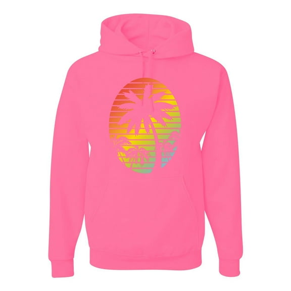Tropical Palm Trees Silhouettes with Sunset | Mens Pop Culture Hooded Sweatshirt Graphic Hoodie, Neon Pink, Large