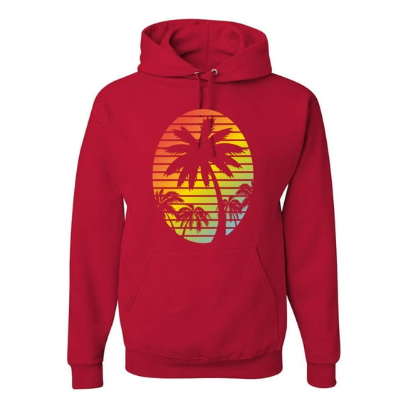 Tropical Palm Trees Silhouettes with Sunset | Mens Pop Culture Hooded Sweatshirt Graphic Hoodie, Red, X-Large