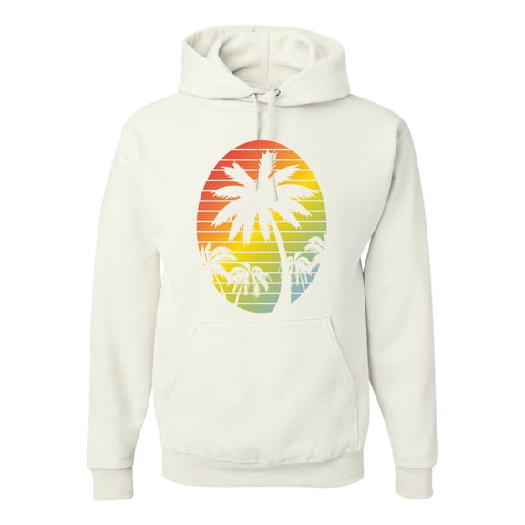 Tropical Palm Trees Silhouettes with Sunset | Mens Pop Culture Hooded Sweatshirt Graphic Hoodie, White, X-Large