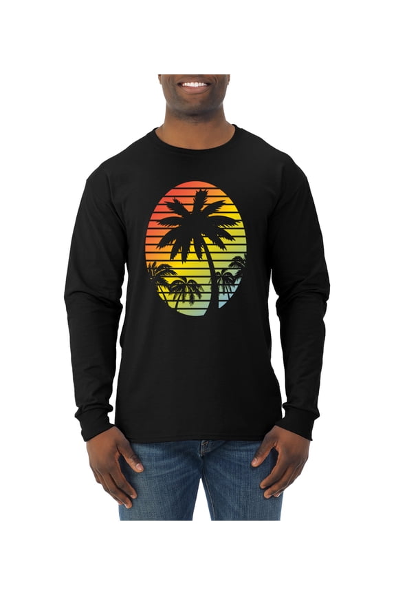 Tropical Palm Trees Silhouettes with Sunset | Mens Pop Culture Long Sleeve T-Shirt, Black, Medium