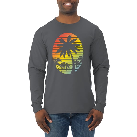 Tropical Palm Trees Silhouettes with Sunset | Mens Pop Culture Long Sleeve T-Shirt, Charcoal, 3XL