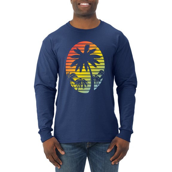 Tropical Palm Trees Silhouettes with Sunset | Mens Pop Culture Long Sleeve T-Shirt, Navy, Small