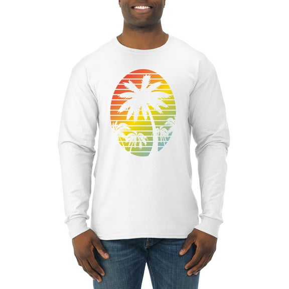 Tropical Palm Trees Silhouettes with Sunset | Mens Pop Culture Long Sleeve T-Shirt, White, 2XL