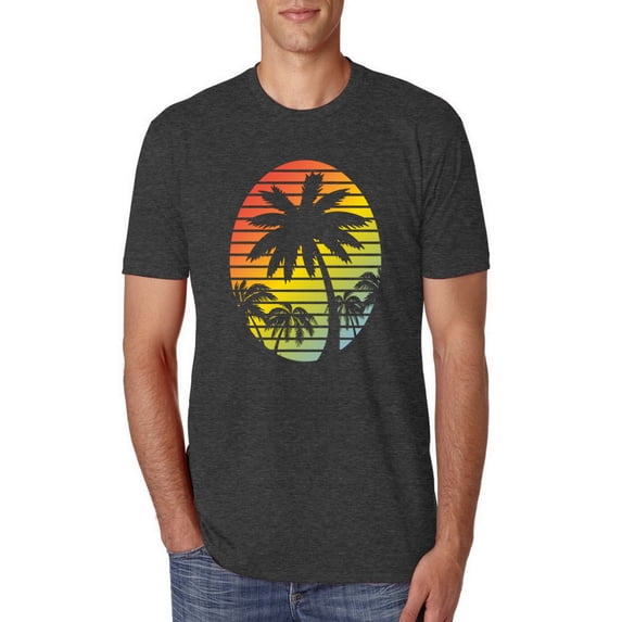 Tropical Palm Trees Silhouettes with Sunset | Mens Pop Culture Premium Tri Blend T-Shirt, Vintage Black, 2XL