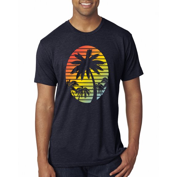 Tropical Palm Trees Silhouettes with Sunset | Mens Pop Culture Premium Tri Blend T-Shirt, Vintage Navy, Medium