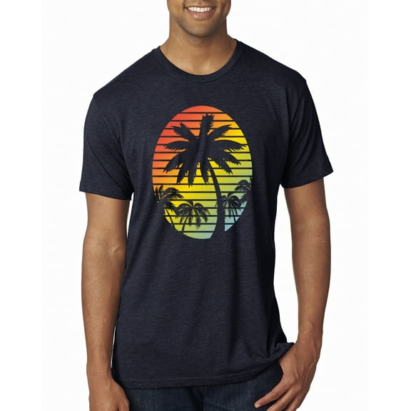 Tropical Palm Trees Silhouettes with Sunset | Mens Pop Culture Premium Tri Blend T-Shirt, Vintage Navy, Small