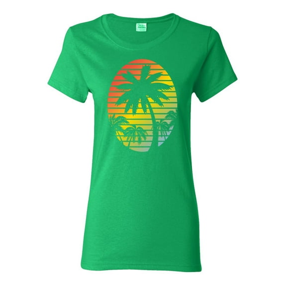 Tropical Palm Trees Silhouettes with Sunset | Womens Pop Culture Graphic T-Shirt, Kelly, 2XL