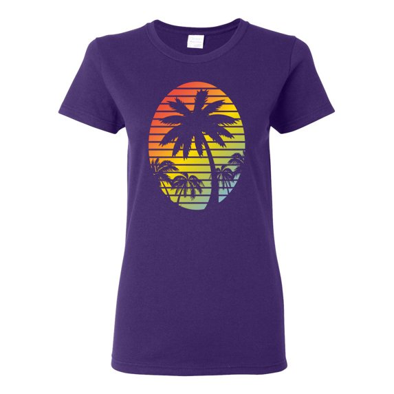 Tropical Palm Trees Silhouettes with Sunset | Womens Pop Culture Graphic T-Shirt, Purple, Medium
