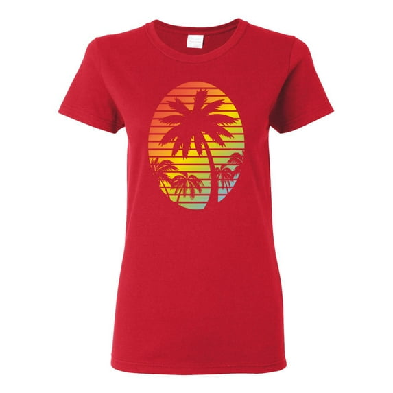 Tropical Palm Trees Silhouettes with Sunset | Womens Pop Culture Graphic T-Shirt, Red, X-Large