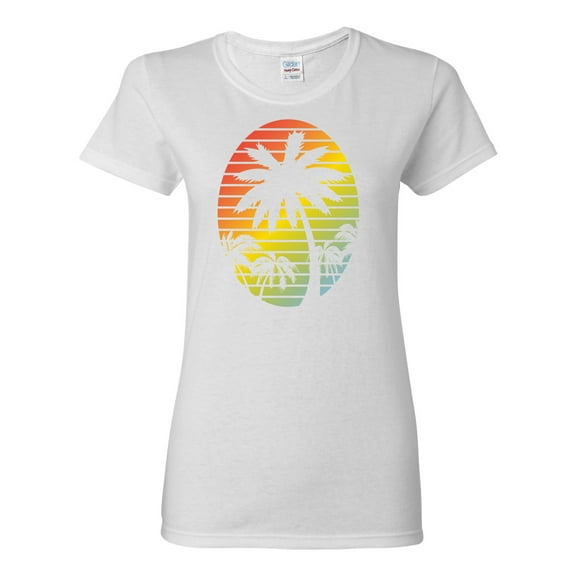 Tropical Palm Trees Silhouettes with Sunset | Womens Pop Culture Graphic T-Shirt, White, Small