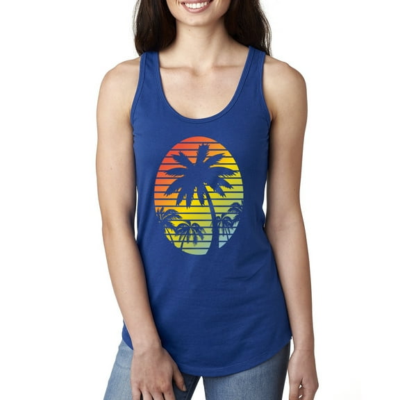 Tropical Palm Trees Silhouettes with Sunset | Womens Pop Culture Jersey Racerback Tank Top, Royal, Small