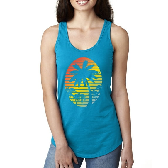 Tropical Palm Trees Silhouettes with Sunset | Womens Pop Culture Jersey Racerback Tank Top, Turquoise, Large