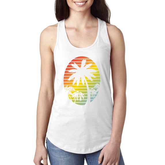 Tropical Palm Trees Silhouettes with Sunset | Womens Pop Culture Jersey Racerback Tank Top, White, Medium