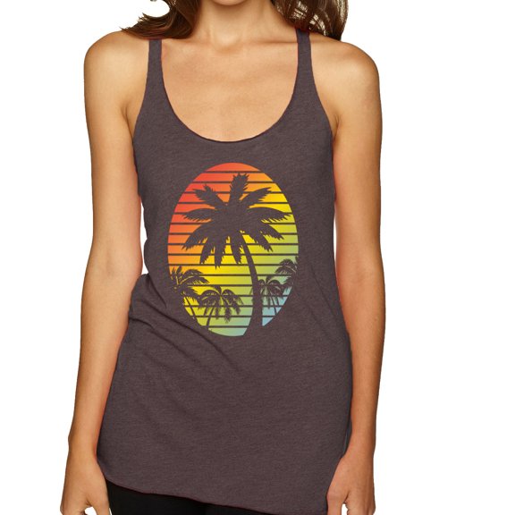 Tropical Palm Trees Silhouettes with Sunset | Womens Pop Culture Premium Tri-Blend Racerback Tank Top, Brown, X-Large