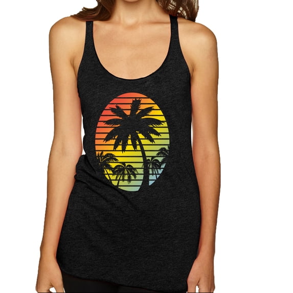 Tropical Palm Trees Silhouettes with Sunset | Womens Pop Culture Premium Tri-Blend Racerback Tank Top, Vintage Black, X-Large