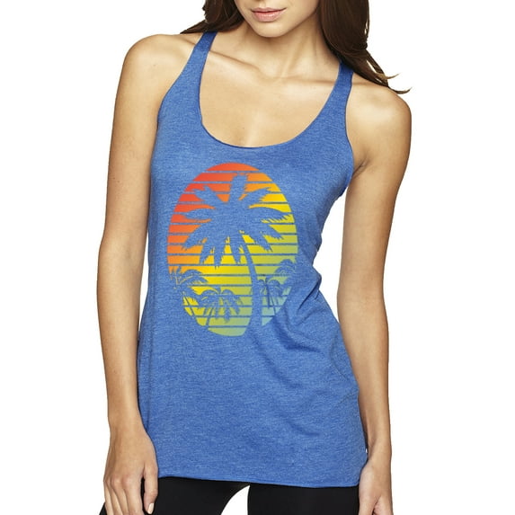 Tropical Palm Trees Silhouettes with Sunset | Womens Pop Culture Premium Tri-Blend Racerback Tank Top, Vintage Royal, X-Large