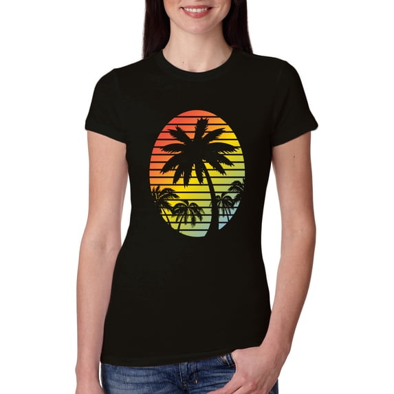 Tropical Palm Trees Silhouettes with Sunset | Womens Pop Culture Slim Fit Junior Tee, Black, Small