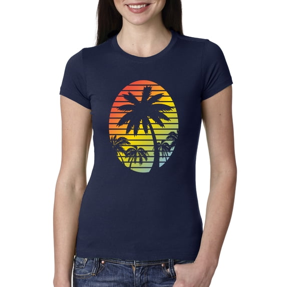 Tropical Palm Trees Silhouettes with Sunset | Womens Pop Culture Slim Fit Junior Tee, Navy, Large