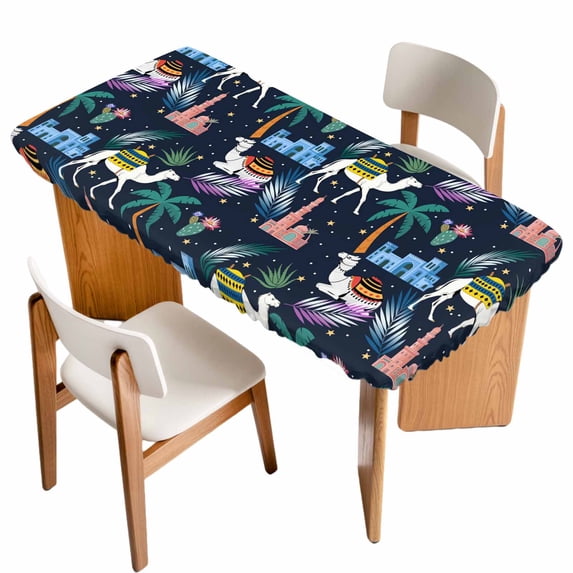Tropical Palm Trees Table Cloths for 4 Foot Rectangle Tables, Desert Camels Houses Aloe Vera Black Patio Waterproof Elastic Fitted Tablecloths, Washable Rectangular Table Cover for Camping