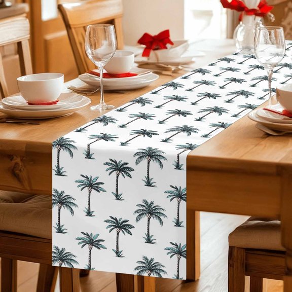 Tropical Palm Trees Table Runner 36 Inches Long,Kitchen Dining Tablerunners Green and White Linen Table Runners Dresser Scarves for Home Dinner Wedding Holiday Party Decor