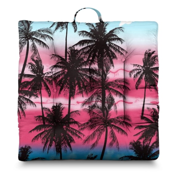 Tropical Palm Trees Thick Meditation Cushion - 24" Square Floor Pillow with Boho Hawaiian Sunset Design, Supportive PP Cotton Filling for Yoga & Zen Sitting