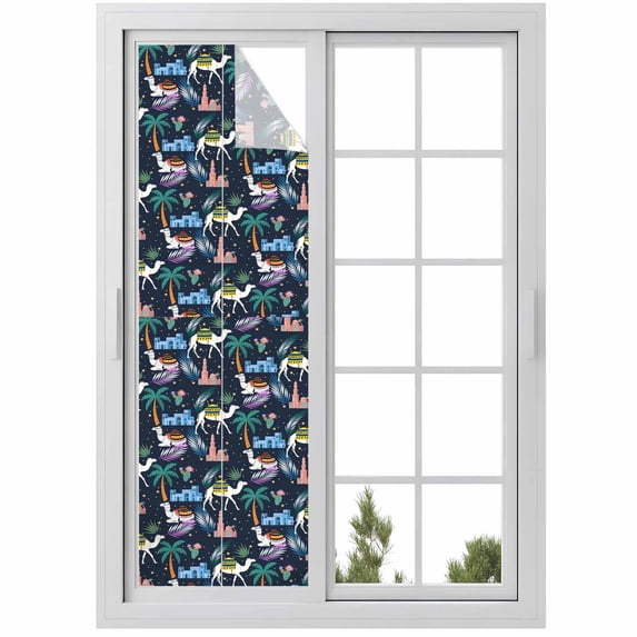 Tropical Palm Trees Window Privacy Film, Desert Camels Houses Aloe Vera ...