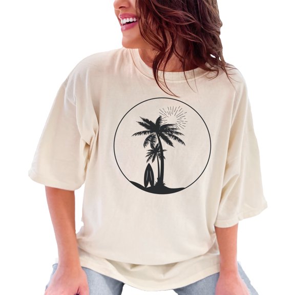 Tropical Palm Trees and Surfboard Design, Ivory Comfort Colors T-Shirt, Small