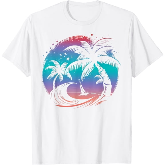 Tropical Palm Trees with Sailboat Beach Island Sunset T-ShirtMen's and women's pure cotton short-sleeved shirts
